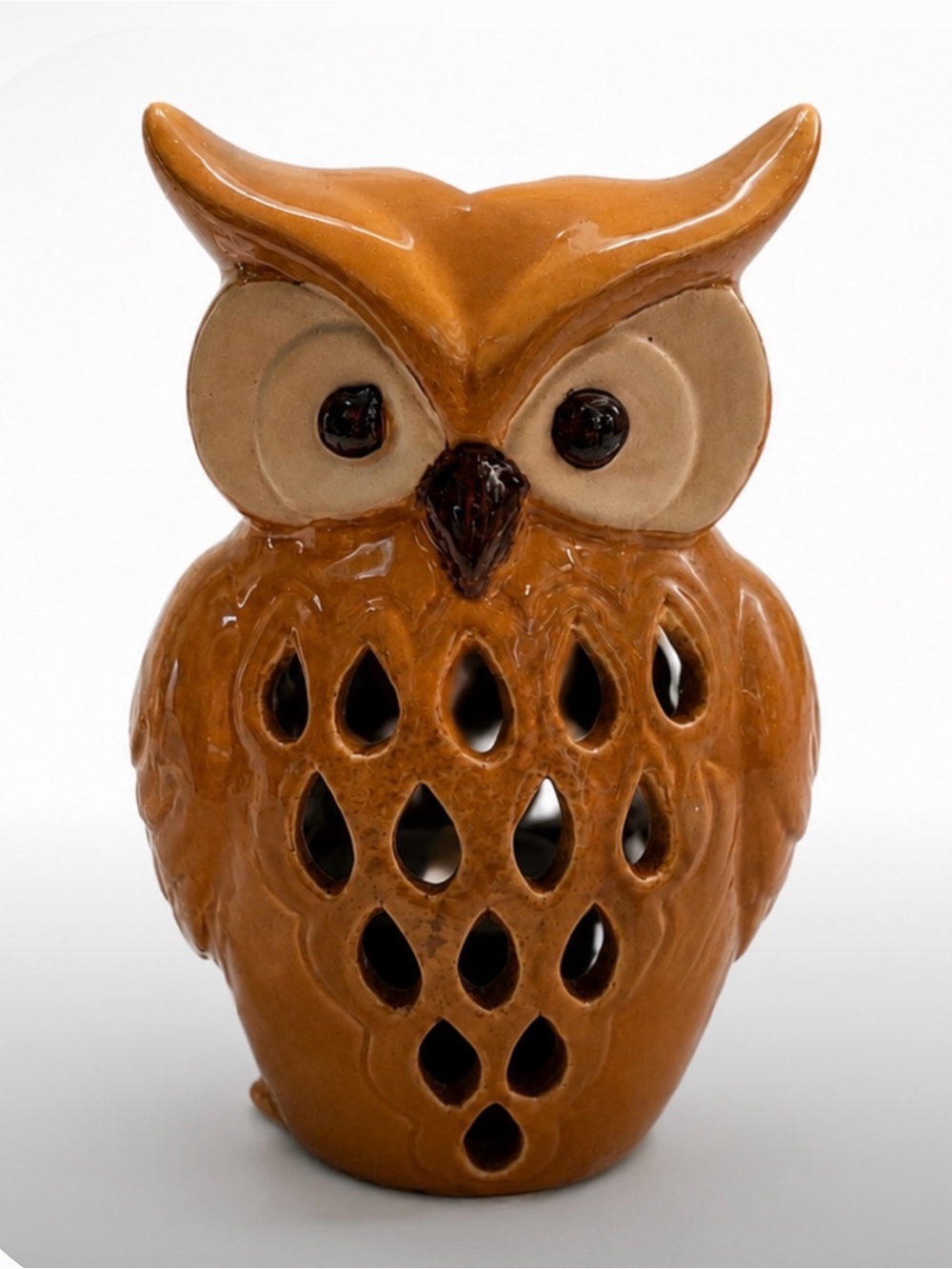 Ceramic Owl Tealight Holder - Orange Glaze - Picture 2 of 6